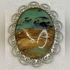 Vintage Polished Picture Moss Agate Filigree Silver-tone Framed Brooch / Pendant